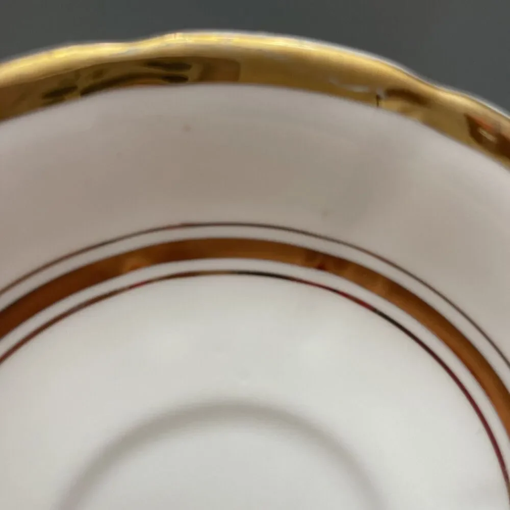NTG CROWNFORD Bone China Tea Cup & Saucer White Gold Pattern Trim England 2 sets